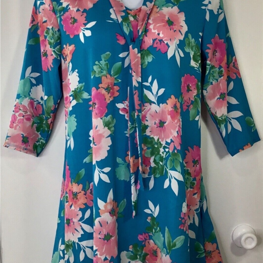 Tiffany & Grey Dress Women Size 1X Turquoise Blue Pink Floral 3/4 Sleeve